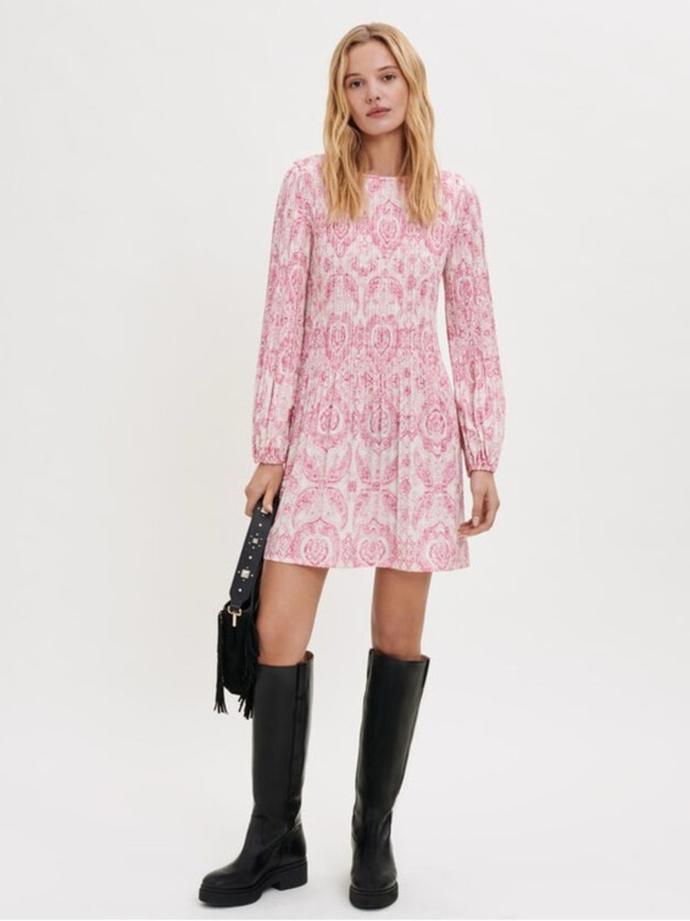 MAJE Printed Pleated Rockinal Printed Dress Pink Size 36/ US 4